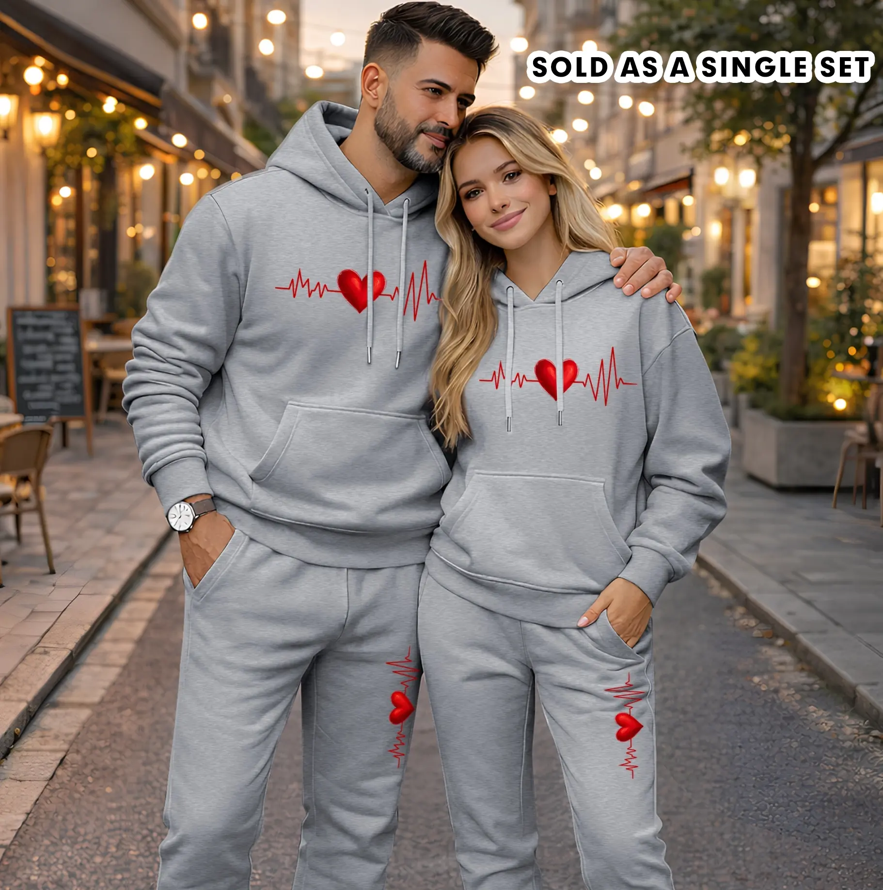 Men's 2-Piece Polyester Minimalist Heartbeat Print Hooded Sweatsuit Set - Casual Fit Longsleeve Hoodie, Drawstring Sweatpants, Autumn Winter Athletic Sportswear for Menswear Fashion