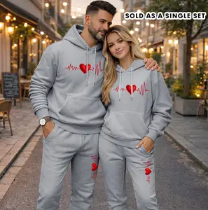 Couple's Heartbeat Print Hooded Sweatshirt and Drawstring Sweatpants Set (Sold as a Single Set), Casual Sportswear, Long-Sleeve Hooded Jacket and Pants, Suitable for Autumn, Winter, and Spring, Everyday Wear, Tracksuit, Casual Athletic Wear