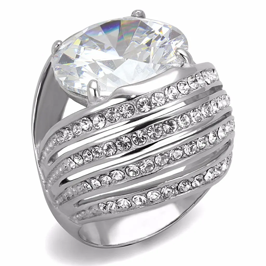 15x15mm Round Cut CZ Set in Non Tarnish Stainless Steel Womens Cocktail Ring