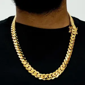 14K Gold Plated Miami Cuban Link Chain for Men – Waterproof Stainless Steel Hip Hop Necklace with Premium Shine flex  bracelet