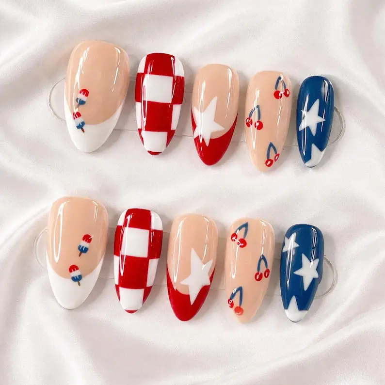 A92 Americana Cherry Press-On Nails, Red Checkerboard, Blue Star and Cherry Design, Cute 4th of July Handmade Nails, Summer Y2K Style, Gift for Her