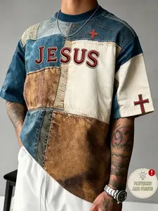 Men's Cross Print T-Shirt, Menswear Vintage Street Style, Streetwear, Loose Oversize, Religious Cross Design, Casual Long Sleeve Top, Graphic Knit Clothing