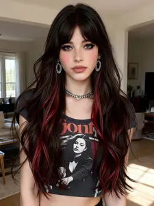 Bold Block Bangs Wig – 20 Inch Large Waves, Synthetic Natural Looking, Perfect for Gothic & Emo Rock Styles, All Seasons Hair Curl