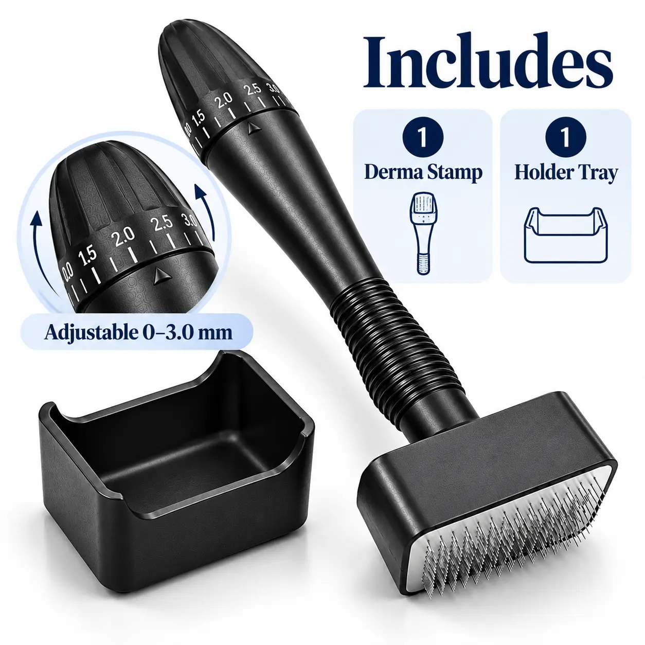 Derma Stamp Microneedling Tool for Facial & Scalp Use, Adjustable 0.5-3.0 mm, Precision Vertical Stamping Design, Non-Slip Handle, Protective Storage Base