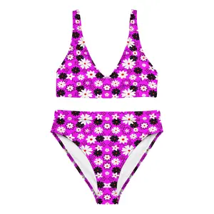 Magenta Daisy Recycled High-Waisted Bikini - Bold Retro Floral Pattern Eco-Friendly Swimsuit