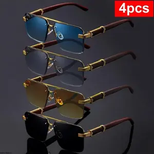 4 Pack New Semi Rimless Square Diamond Cut Sunglasses with Marble Wood Grain Temples UV400 Protection for Summer Daily Wear