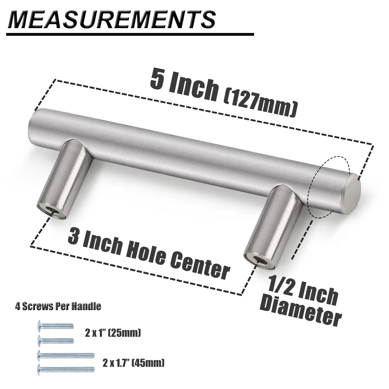 5 Pack Kitchen Cabinet Handles Euro T Bar Cabinet Pulls Stainless Steel Kitchen Drawer Handles Brushed Nickel Furniture Dresser Cabinet Hardware, 5 Inch Total Length