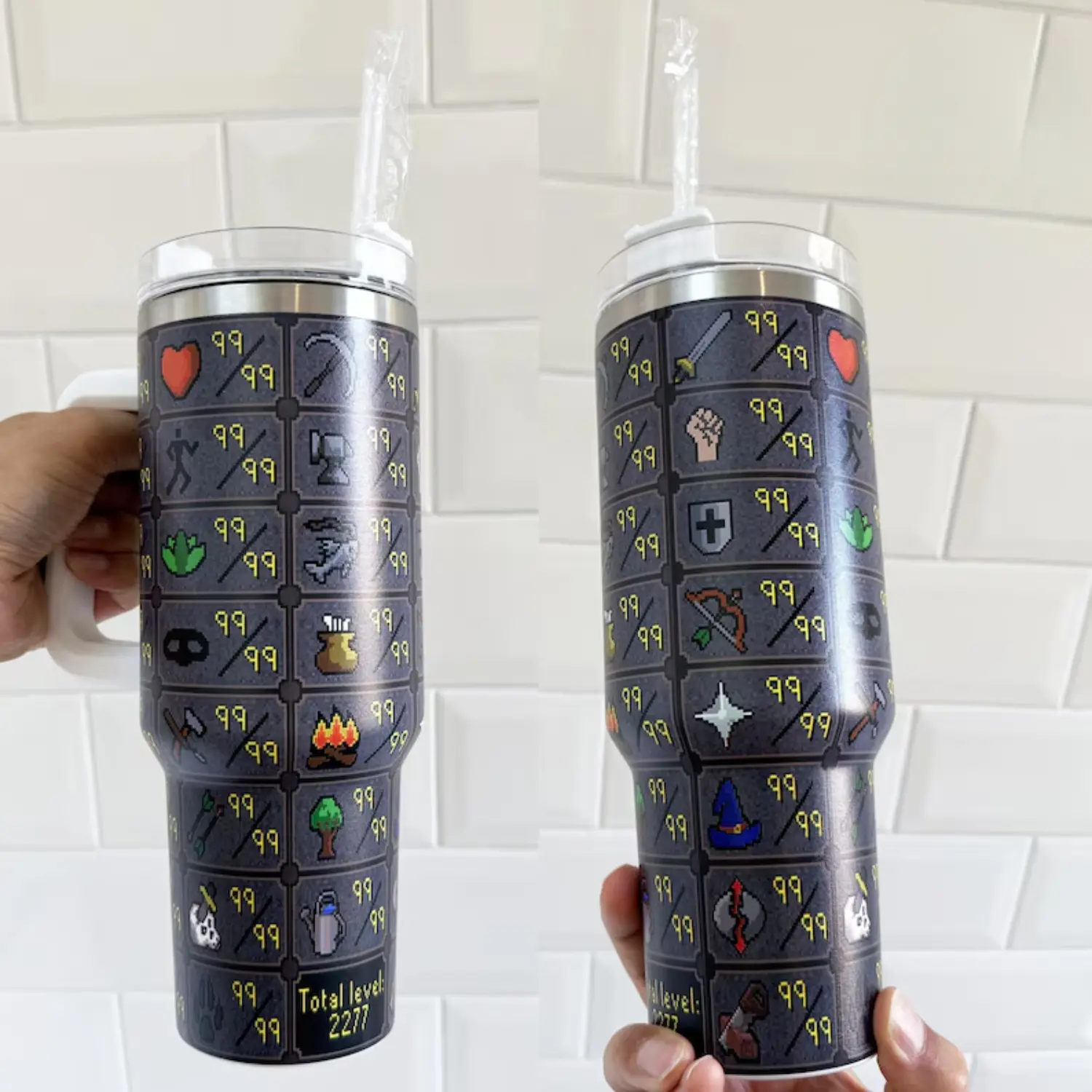 Old School RuneScape Skills 99 Tumbler, Gamer Stainless Steel Travel Mug, OSRS Maxed Account Design Cup with Straw, Nerdy Gaming Gift