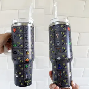 Old School RuneScape Skills 99 Tumbler, Gamer Stainless Steel Travel Mug, OSRS Maxed Account Design Cup with Straw, Nerdy Gaming Gift