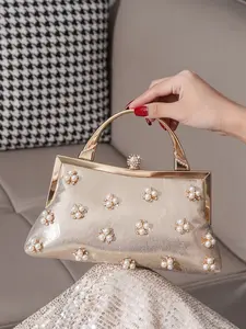 Banquet bag, pearl decoration handbag, gold women's bag, single shoulder crossbody chain bag, small square bag