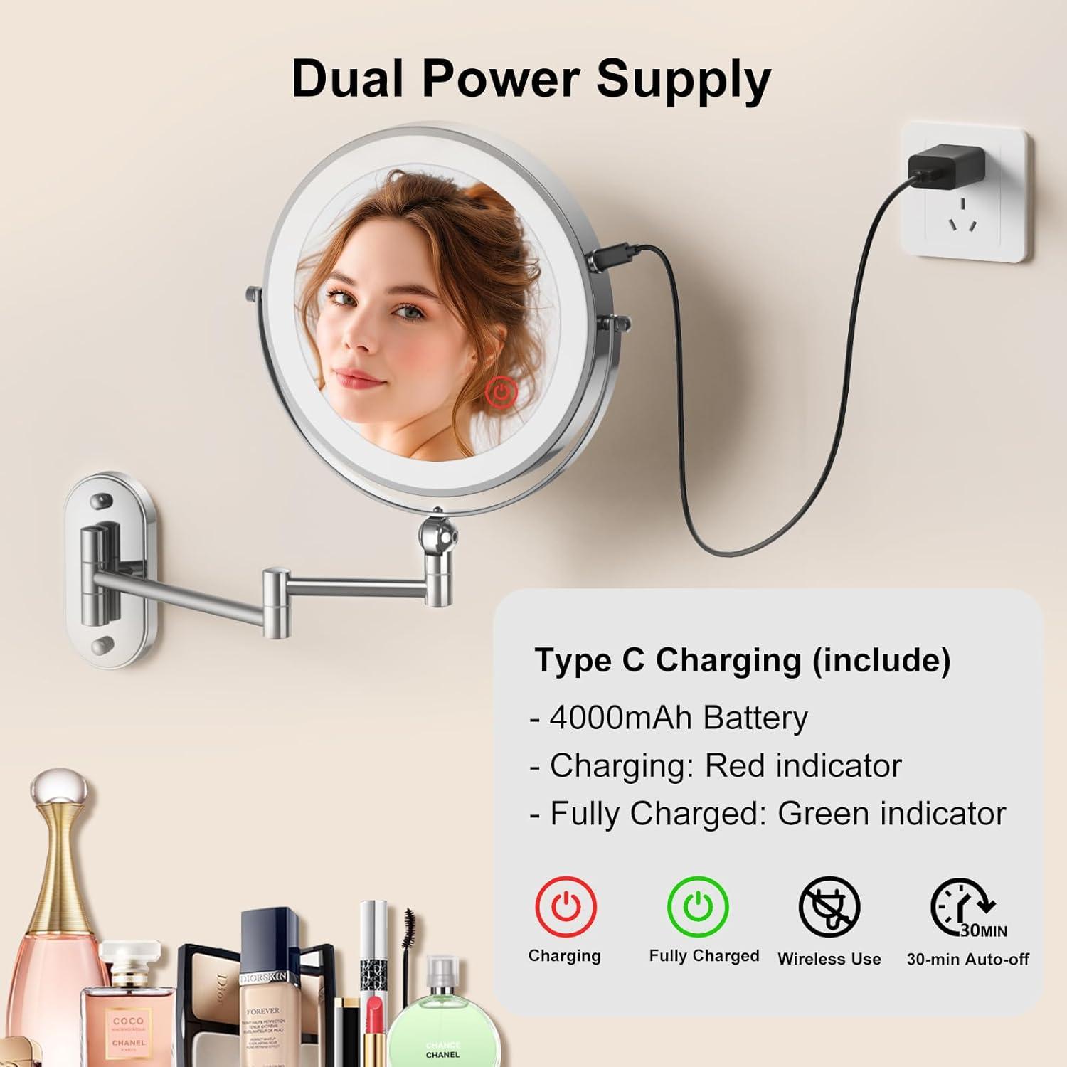 9" Wall Mounted Lighted Makeup Mirror,4000mAh Rechargeable Double Sided 1X/10X Magnifying Mirror with Light,3 Color Lights,Touch Dimmable,Extended Arm 360 Rotation Wall Mounted Makeup Mirror