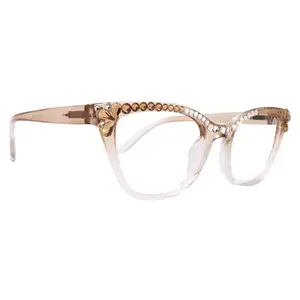 Vivienne, Bling Reading Glasses for Women, Handmade with Clear Genuine European Crystals, transparent Brown / Clear Frame. NY Fifth Avenue Lightweight