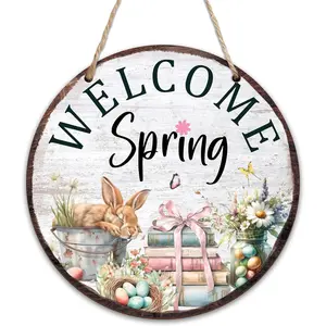 Spring Welcome Sign Decor For Front Door, Easter Bunny Egg Religious Hanging Sign For Home Farmhouse Porch Wall Outdoor, Spring Easter Gifts For Christian Friends Family, Spring Easter Party Decor -08