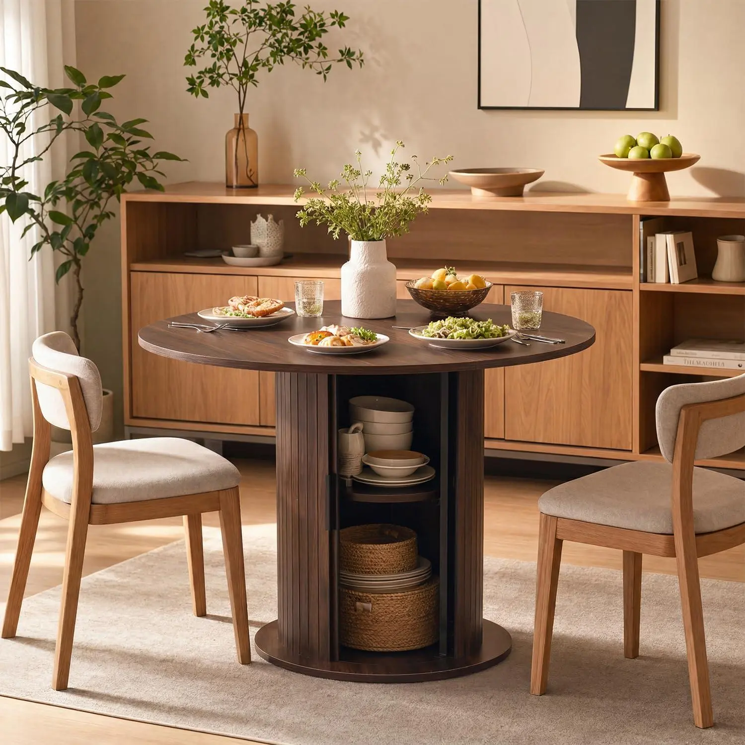 Gaomon Wooden Small Round Dining Table - 31.5 In Dark Walnut, 2-4 Person Farmhouse Space-Saving Indoor Furniture with Center Storage Column for Storage Organization, for Kitchen & Dining Room