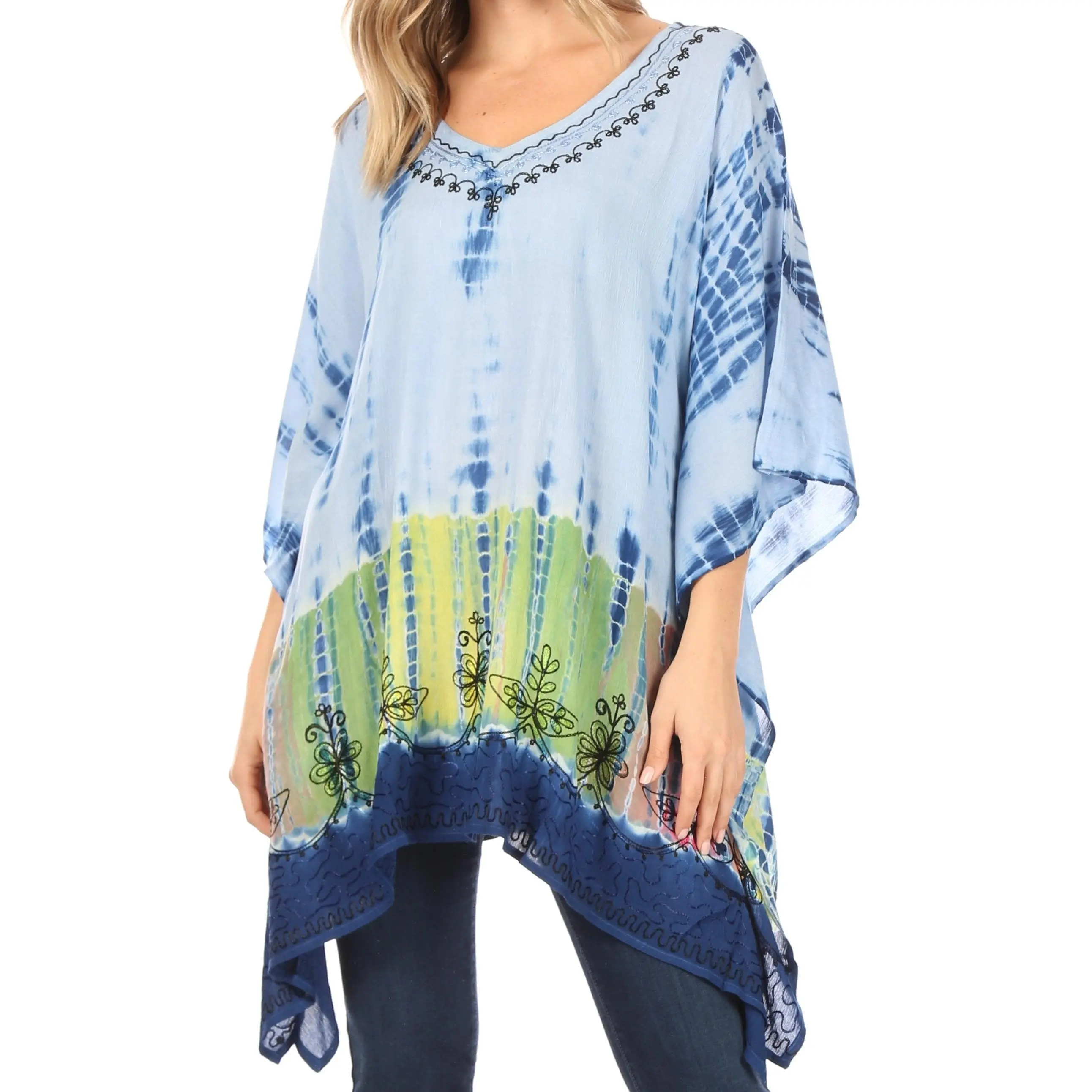 Sakkas Eliana Wide Long Tall Embroidered Tie Dye Ombre Batik Poncho Top Blouse