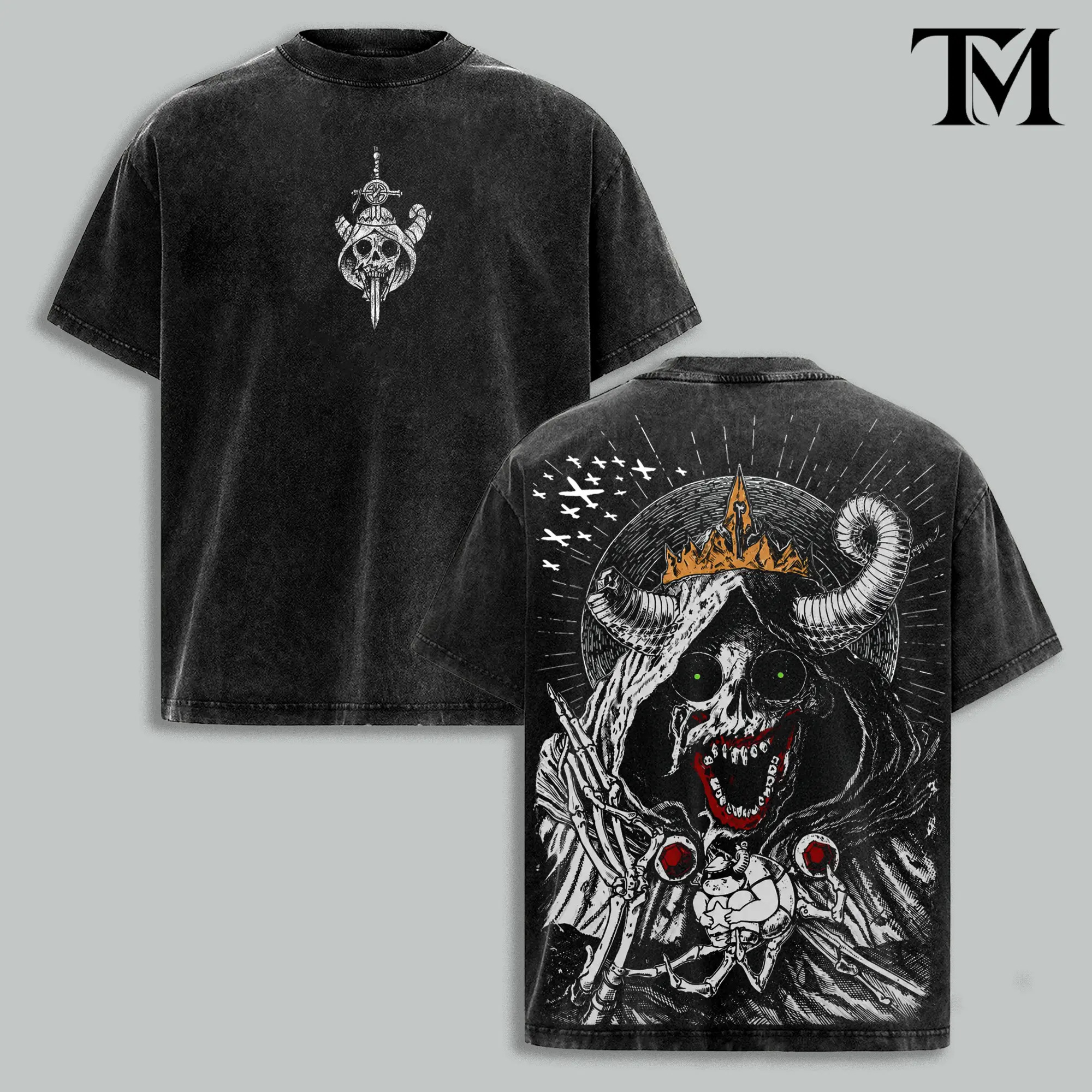 The Lich Adventure Time Vintage Washed Oversized T-Shirt, Dark Fantasy Cartoon Graphic Tee, Double Printed Skull Demon Art, Heavy Cotton Streetwear, Unisex Retro Grunge Anime Style Shirt