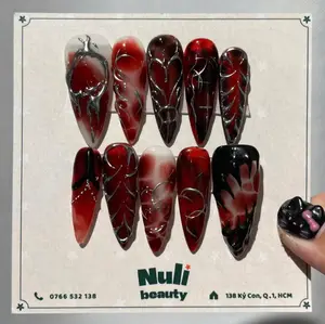 Nuli Beauty Bloody Gothic Press On Nails Red Marble Silver Veins Handprint Dark Horror Fake Nails Halloween Nail Art Brown Tones Neutral Tones