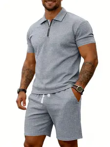 Men's Chessboard Texture Set, Half-Zip Long Sleeve Shirt & Waist-Tied Shorts, Casual Summer Breathable Hooded Short Sleeve Set