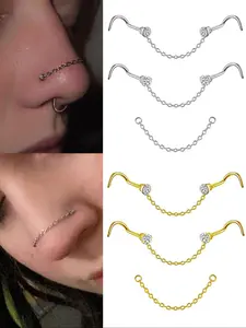 Stainless Steel Cz Nose Chain Piercing, S Bone-Shaped Nose Ring Chains for Women, Cz Nose Studs with Chains, Nostril Piercing Jewelry