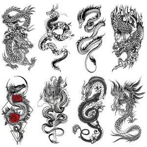 8 China Dragon and Flower Tattoo Stickers, Waterproof Temporary Tattoos for Men and Women, Realistic Adult Animal Fake Tattoos