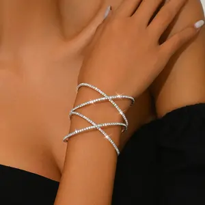 Simple 3D cross-shaped open bangle, full diamond bangle, rhinestone-encrusted silver-plated bangle