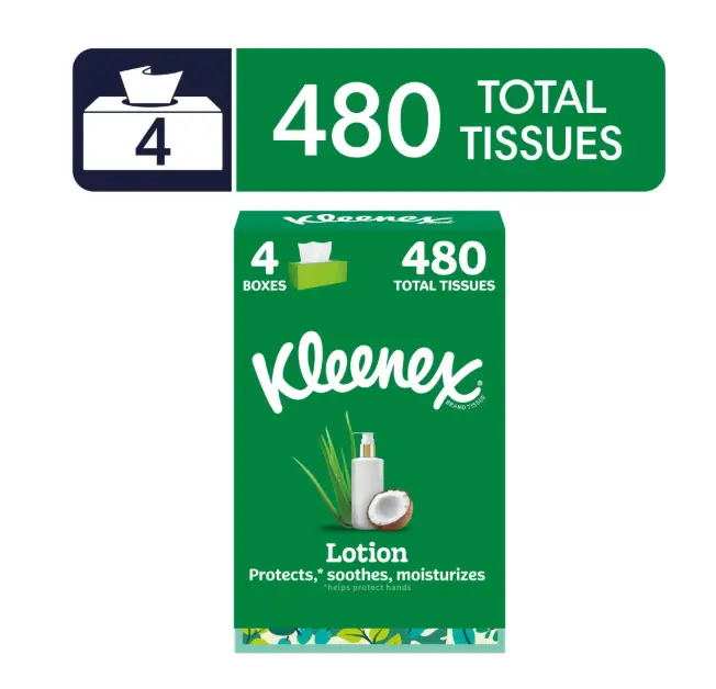 Kleenex Lotion with Coconut Oil and Aloe 3-Ply Facial Tissues, 4 Pack, 480 Tissues