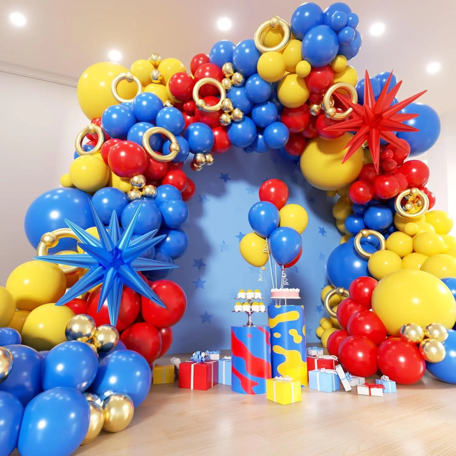 Red Blue Yellow Balloon Garland Arch Kit - 161Pcs Cartoon Hedgehog Theme Primary Color With Gold Circle Explosion Star Foil Balloons For Boys Kids Carnival Circus Birthday Party Decorations