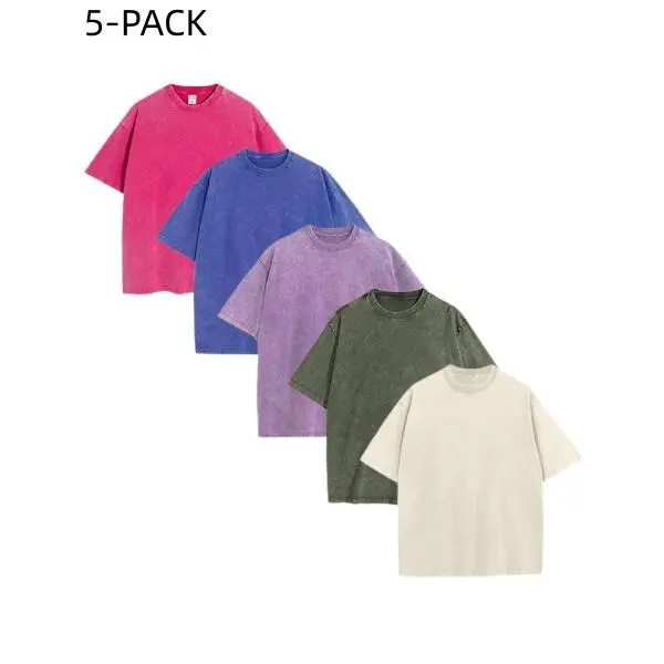 Acid Wash Co-ord Set, Unisex 5-Piece Oversized 100% Cotton Short Sleeve Tee and Shorts, Soft Matching Loungewear for Summer Streetwear, Tracksuit, Plain, Shortsleeve, Menswear, Retro, Vintage, Round Neck, All Seasons, Knee-Length
