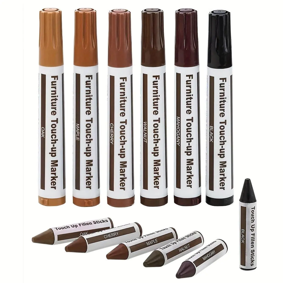 Wood Marker & Wax Stick Set, 12pcs/set Furniture Repair Kit, Touch Up Marker Pen, Oak, Cherry for Stains & Scratches, Boat Maintenance Supplies