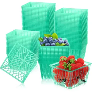 100 Pcs Pint Size Plastic Berry Baskets Green Strawberry Basket with Open Weave Pattern Container for Farmer Market Party Christmas Grocery Stores