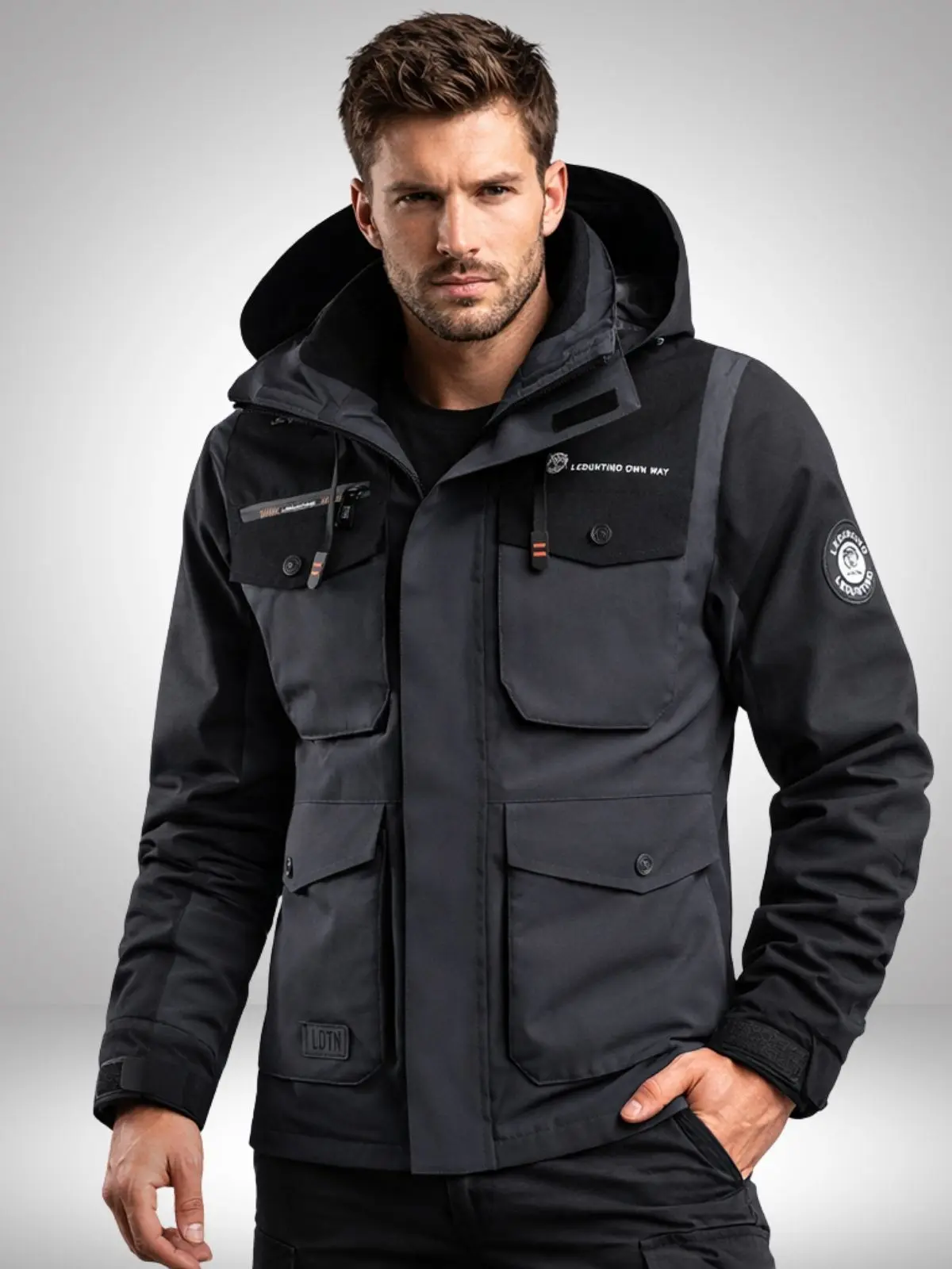 Men’s Stylish Color-Block Hooded Work Coat - Menswear Multi-Pocket Casual Functional Softshell Jacket for Outdoor Mountaineering, Plain Design