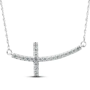 .30 Ct Diamond Sideways Cross Pendant 14k White Gold & 18" Chain 1 1/4" Wide