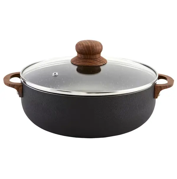 13.5qt Black Stone Aluminum Speckled Nonstick Caldero with Glass Lid & Wood Look Handles, Black