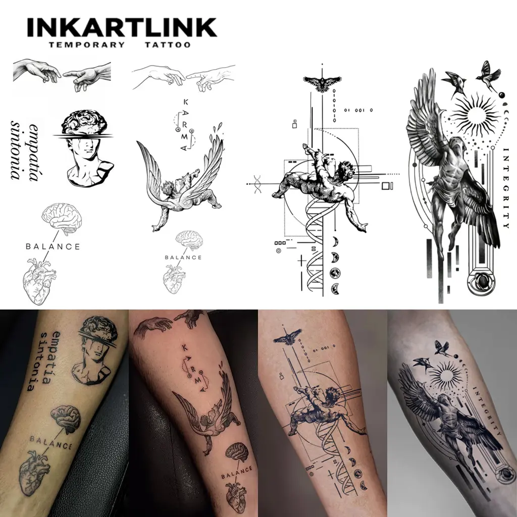 INKARTLINK Fallen Angel Fake Tattoos for Adults, 2 Sheets of Long-Lasting Realistic Body Art, Waterproof & No Reflection for All Skin Types, Realistic Art Design, Tattoo Art