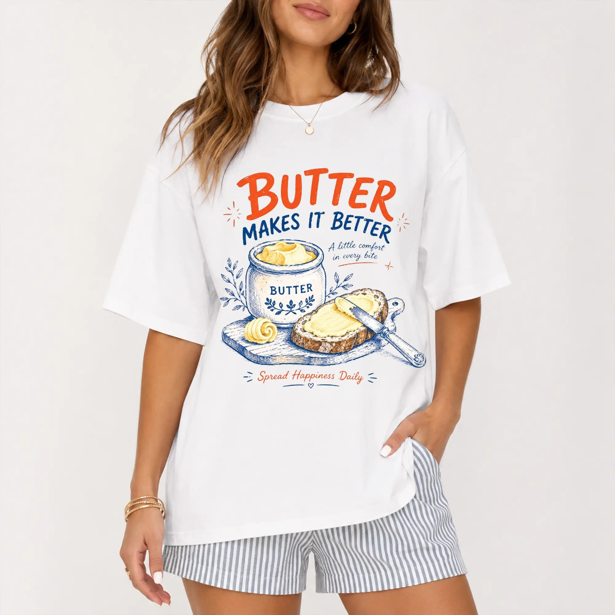 [100% Cotton] Butter Makes It Better T-Shirt, Vintage Butter and Toast Graphic Tee, Butter Makes It Better Oversized Shirt for Women, Retro Foodie Tshirt for Casual Mornings, Brunch Outfit and Birthday Gift Fabric Top