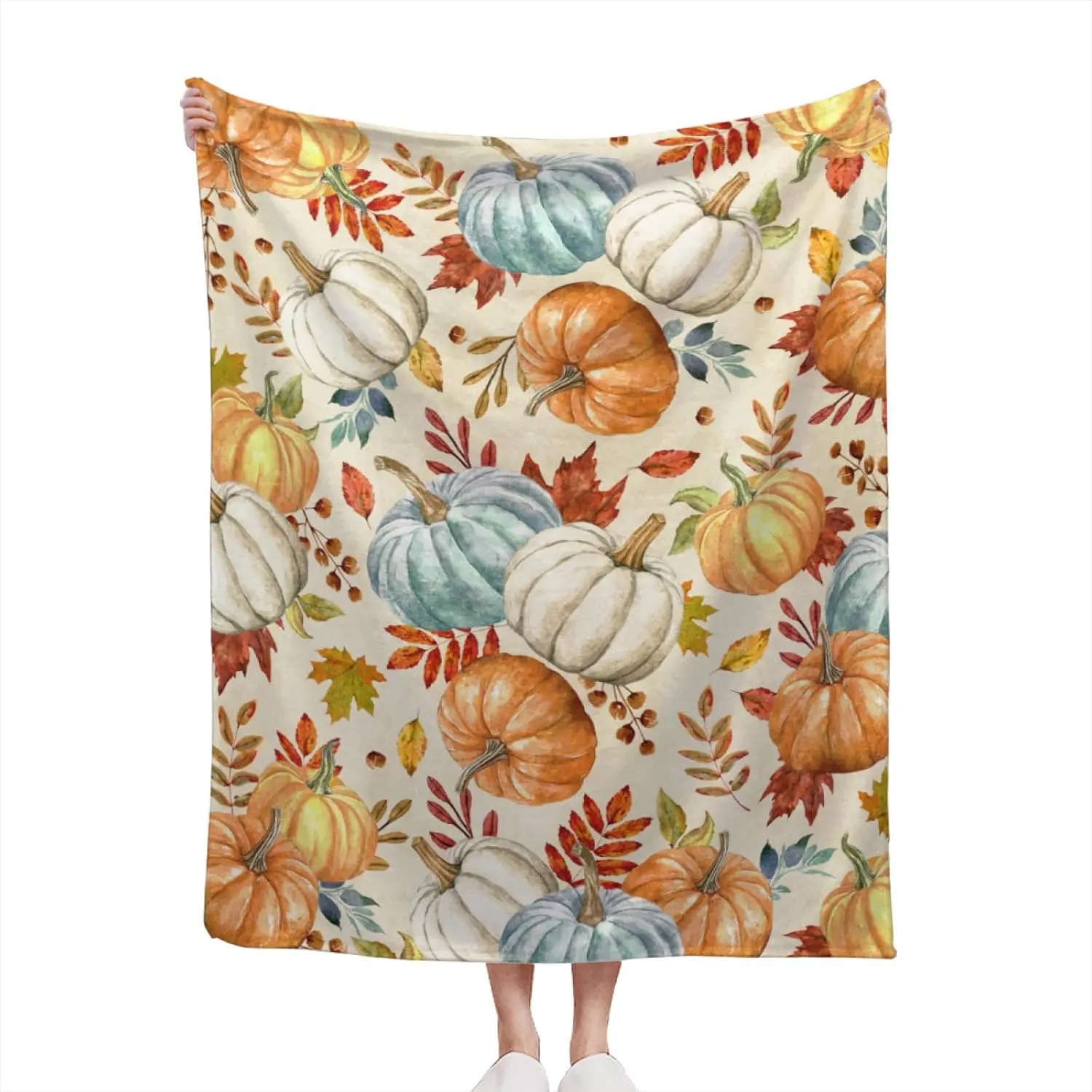 Fall Pumpkin Blanket Soft Flannel Lightweight Orange White Blue Pumpkins Maple Leaves Throw Blanket Cozy Warm Thanksgiving Farmhouse Home Party Decor On Living Room Sofa Couch 40x50 inch, 1 count, Print on One Side with a Plain White Back