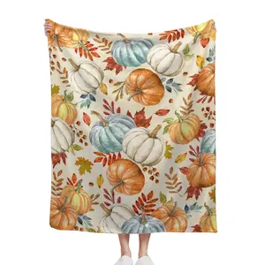 Fall Pumpkin Blanket Soft Flannel Lightweight Orange White Blue Pumpkins Maple Leaves Throw Blanket Cozy Warm Thanksgiving Farmhouse Home Party Decor On Living Room Sofa Couch 40x50 inch, 1 count, Print on One Side with a Plain White Back