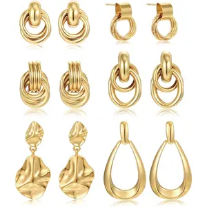 6 Pairs Chunky Gold Plated Knot Earrings for Women Trendy Statement Drop Dangle Teardrop Lightweight Hypoallergenic Fashion Jewelry Set Gifts for Women