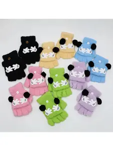 Autumn and winter cartoon cute plush gloves, unisex warm and cold-proof flip-top half-finger gloves