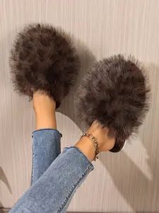 Women's Plain Fuzzy Slip-On Shoes, Round Toe Flat Heel, Warm Lazy Style, Casual Textile Upper, Rubber Sole, Fall Winter Comfort