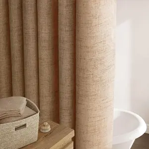 Extra Long 84 Inch Brown Linen Shower Curtain Set with 12 Durable Hooks - Heavy Cloth Textured Fabric for Bathroom