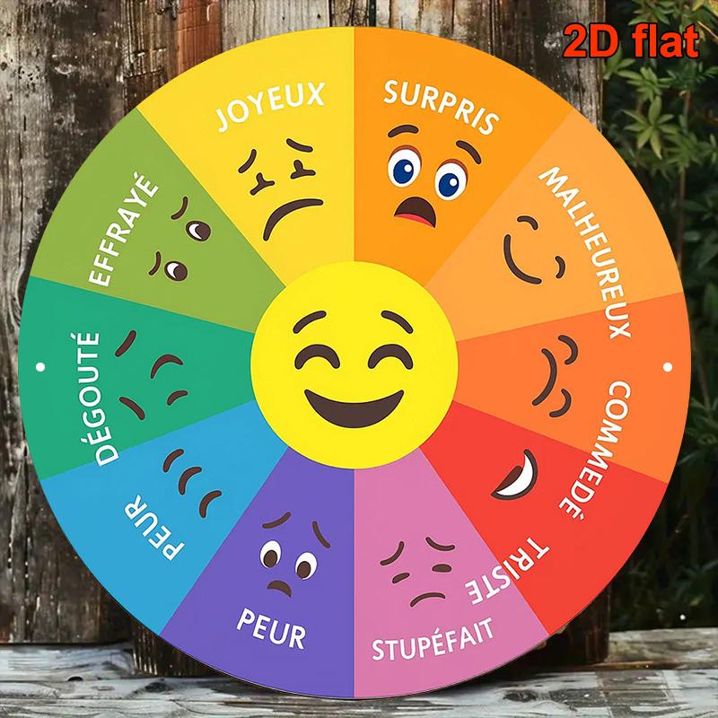 1PC 2D Flat,Retro Emotion Wheel Decoration - French Emotion Chart Includes Happiness, Surprise, Disgust, Sadness, Anger, Compliance - Color-coded Emotion Poster, Suitable for Classroom, Home, Office - Durable Aluminum Metal Plaque - 20.32x 20.32cm