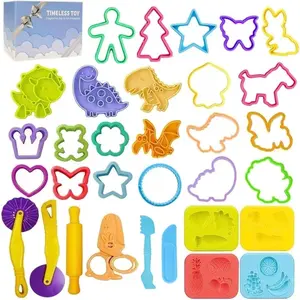 Kids Play Dough Tools Accessories Set with Dinosaur Fruit Molds Roller Cutter Scissor Storage Box, Party Favors for Kids Age 3+