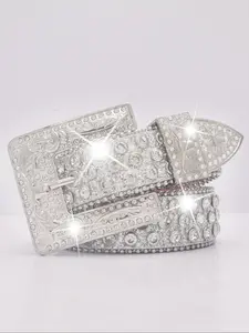 1pc Unisex Western Cowboy Cowgirl Belt, Silver Color Rhinestone Vintage Hip Hop Waistband, Party Streetwear Accessory for Jeans, Western Buckle Belt