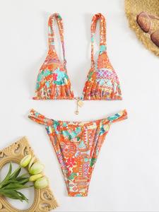 women's ditsy floral print metal lock decor tie back swim top & swim bottom bikini set, casual fashion chic backless swim top & swim bottom two-piece swimsuit for beach holiday vacation, ladies swimwear for all seasons, bikinis sets, bikini outfits