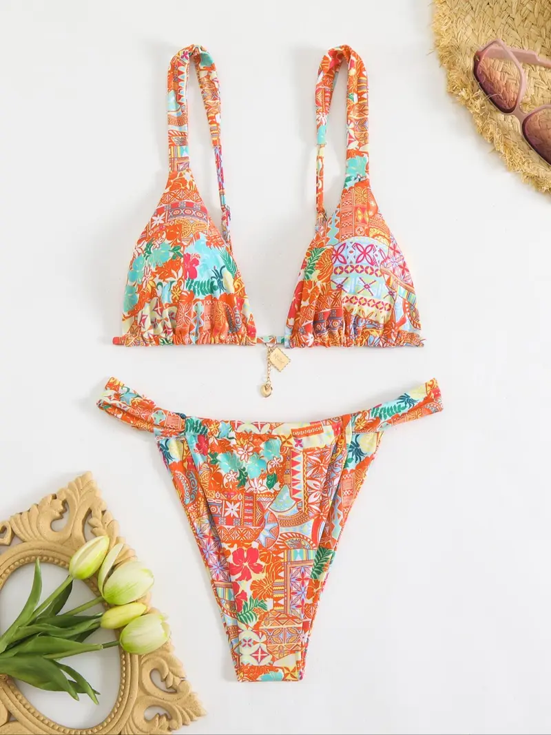 Women's Floral Bikini Set, Sexy Triangle Two-Piece Swimsuit, Sleeveless Party Style, All-Season Wear, Tie Back Design