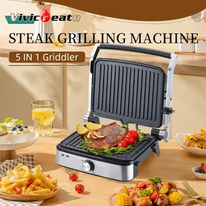 Vivicreate Panini Sandwich Maker, Sandwich Maker, Non-stick Coated Plates, Panini Sandwich Maker with Temperature Control, 180 Degree Opening, Removable Drip Tray, 1400W, 5-in-1 Contact Grill, Ideal for Grilling Steaks, Burgers, Sandwiches