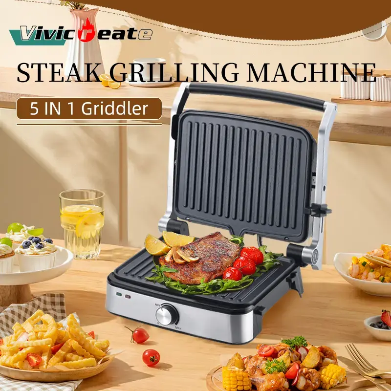 Vivicreate Panini Sandwich Maker, Sandwich Maker, Non-stick Coated Plates, Panini Sandwich Maker with Temperature Control, 180 Degree Opening, Removable Drip Tray, 1400W, 5-in-1 Contact Grill, Ideal for Grilling Steaks, Burgers, Sandwiches