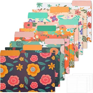 9pcs Decorative Letter Size File Folders, 1/3-Cut Tabs Plastic File Folders for Documents with Colorful Floral Patterns and Erasable Category Labels for Office and School Supplies