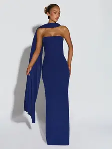 Blue Strapless Sequin Dress with Scarf, Elegant Women's Party Gown, Floor-Length Formal Dress, Formal Wear, Perfect for Parties and Events